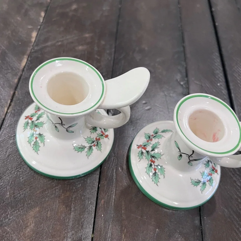 Spode Christmas‎ Tree Chamberstick Candle Holders Set of 2 Holly Berry England